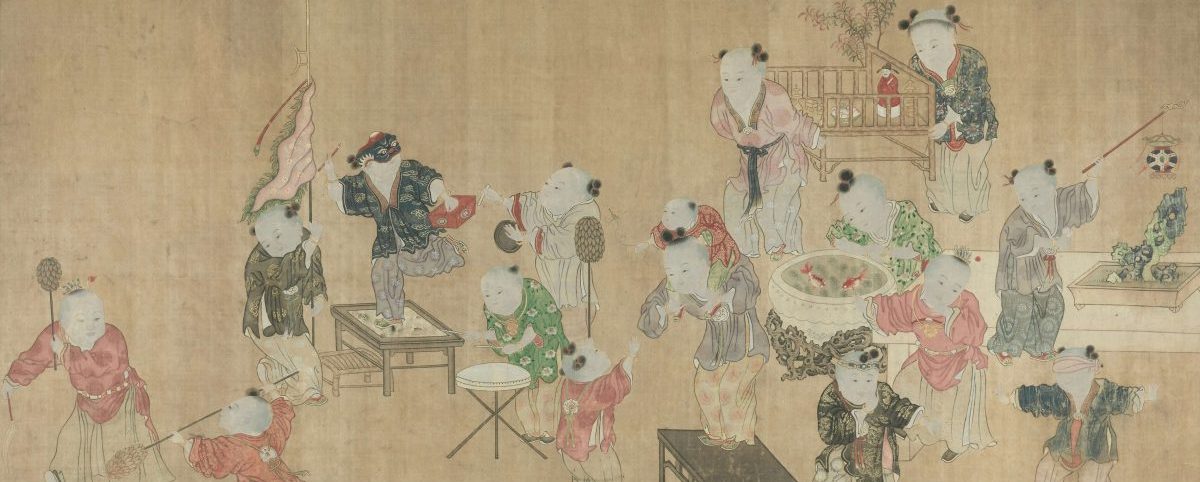 Traditional Chinese painting featuring a gathering of people, creating a calm atmosphere.