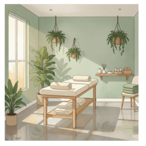 Peaceful green acupuncture room illustration for hot flush support post breast cancer treatment