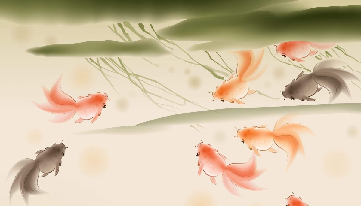 A traditional Chinese ink illustration of goldfish, symbolising the harmony and balance that acupuncture can bring during menopause.